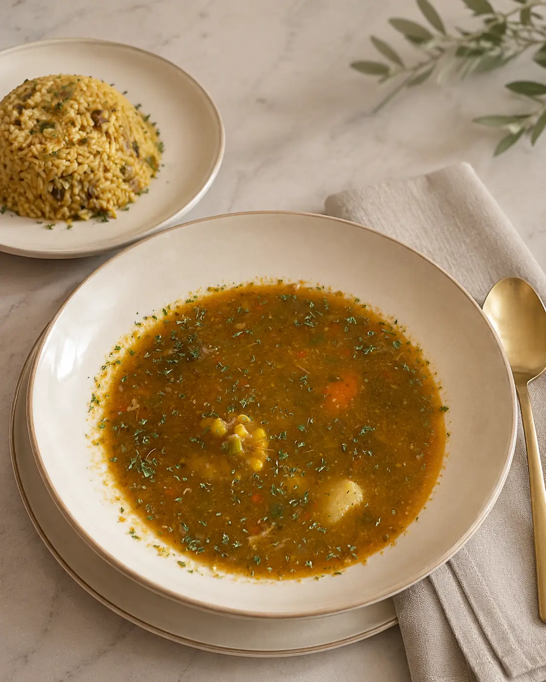 A bowl of vegetable soup served with seasoned rice