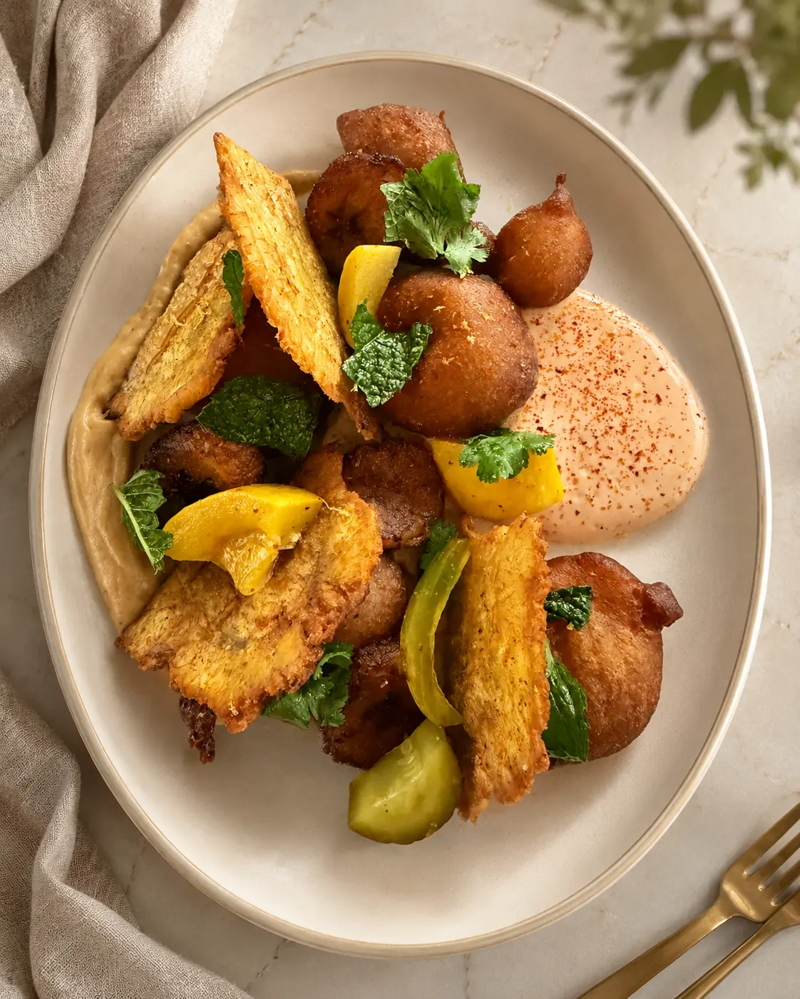 A platter of fried plantain, yam and fritters with a dipping sauce