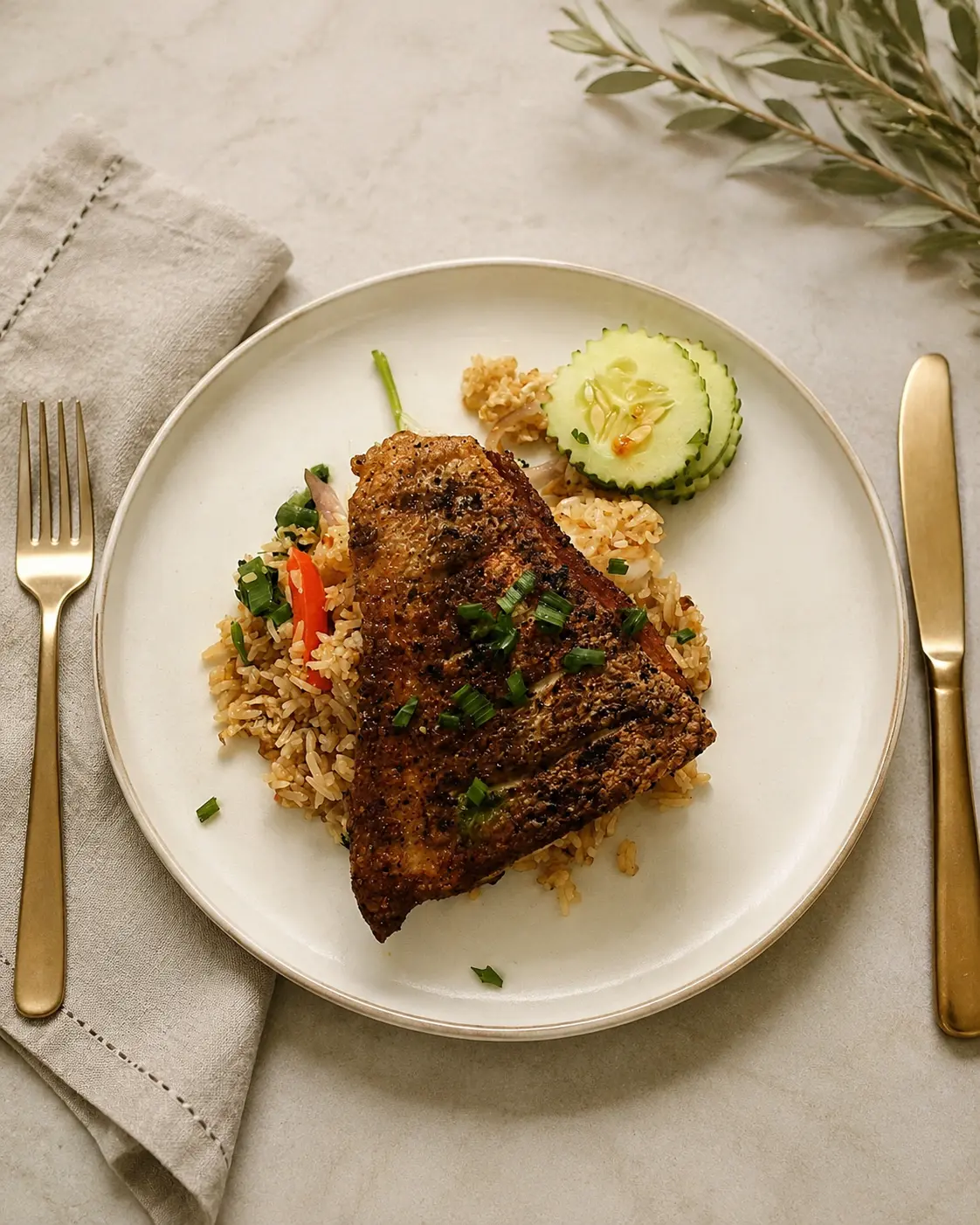 Blackened fish served over seasoned rice with cucumber