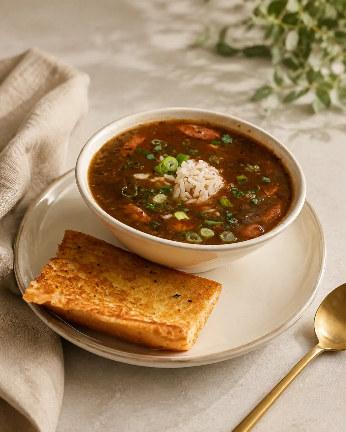 A bowl of gumbo with rice and toasted bread